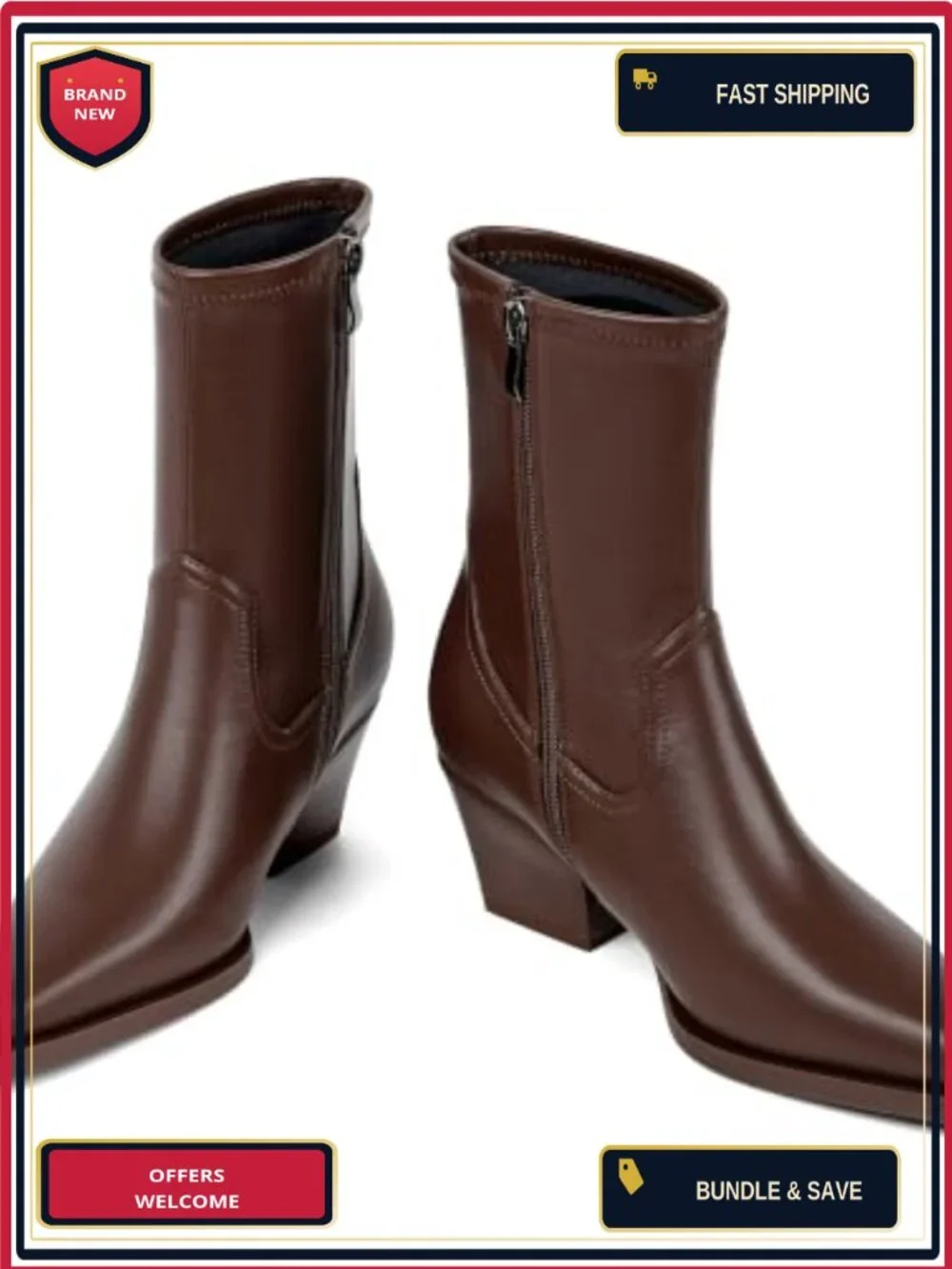 Women's Ankle Boots Pointed Toe Chunky Heel Stretch Faux Leather Side Zipper